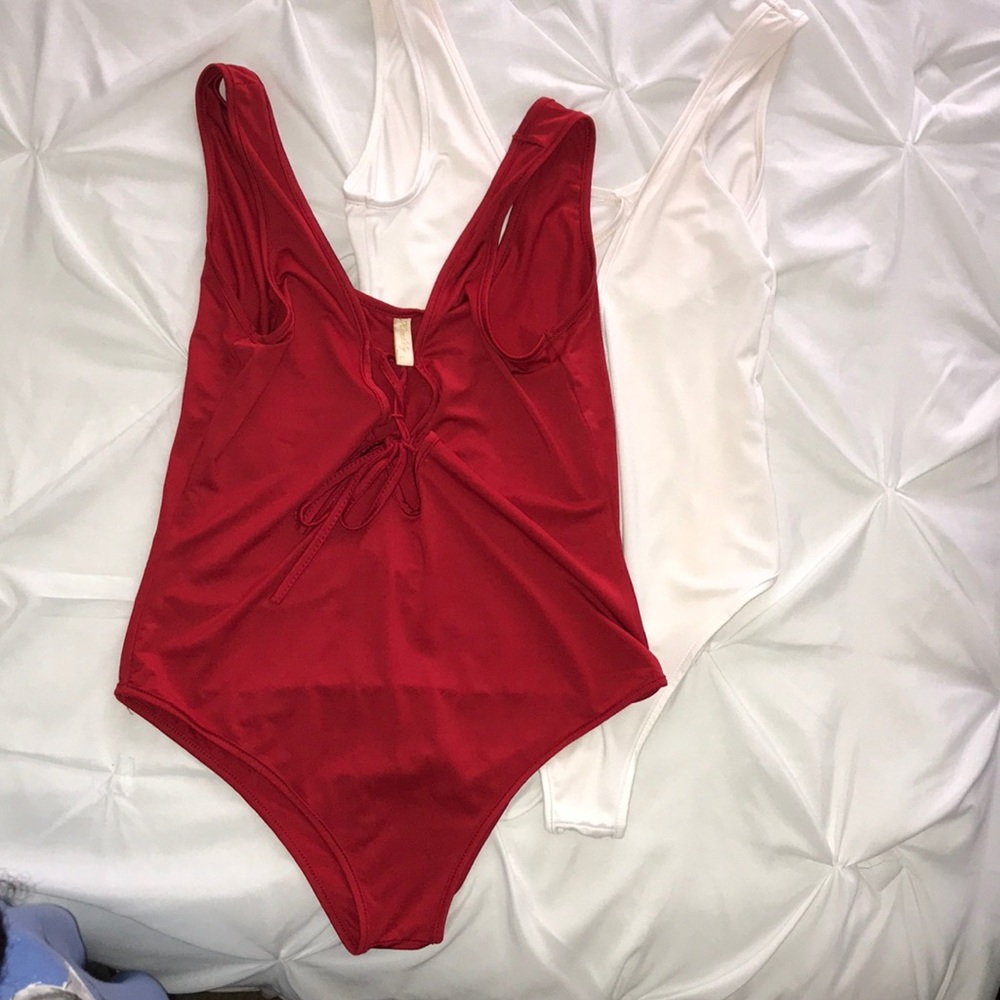 Red & White Lace Up Bodysuit